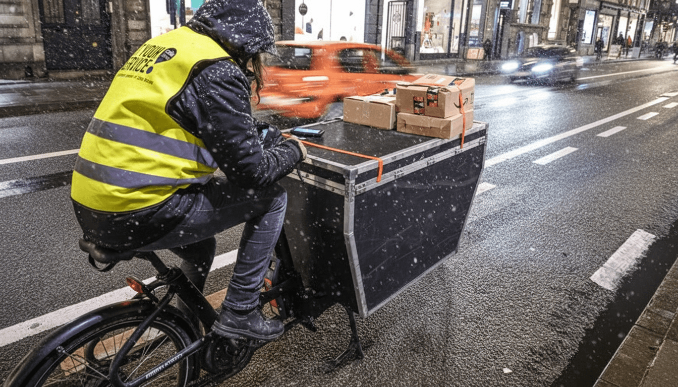 Livreur à vélo en conditions difficiles